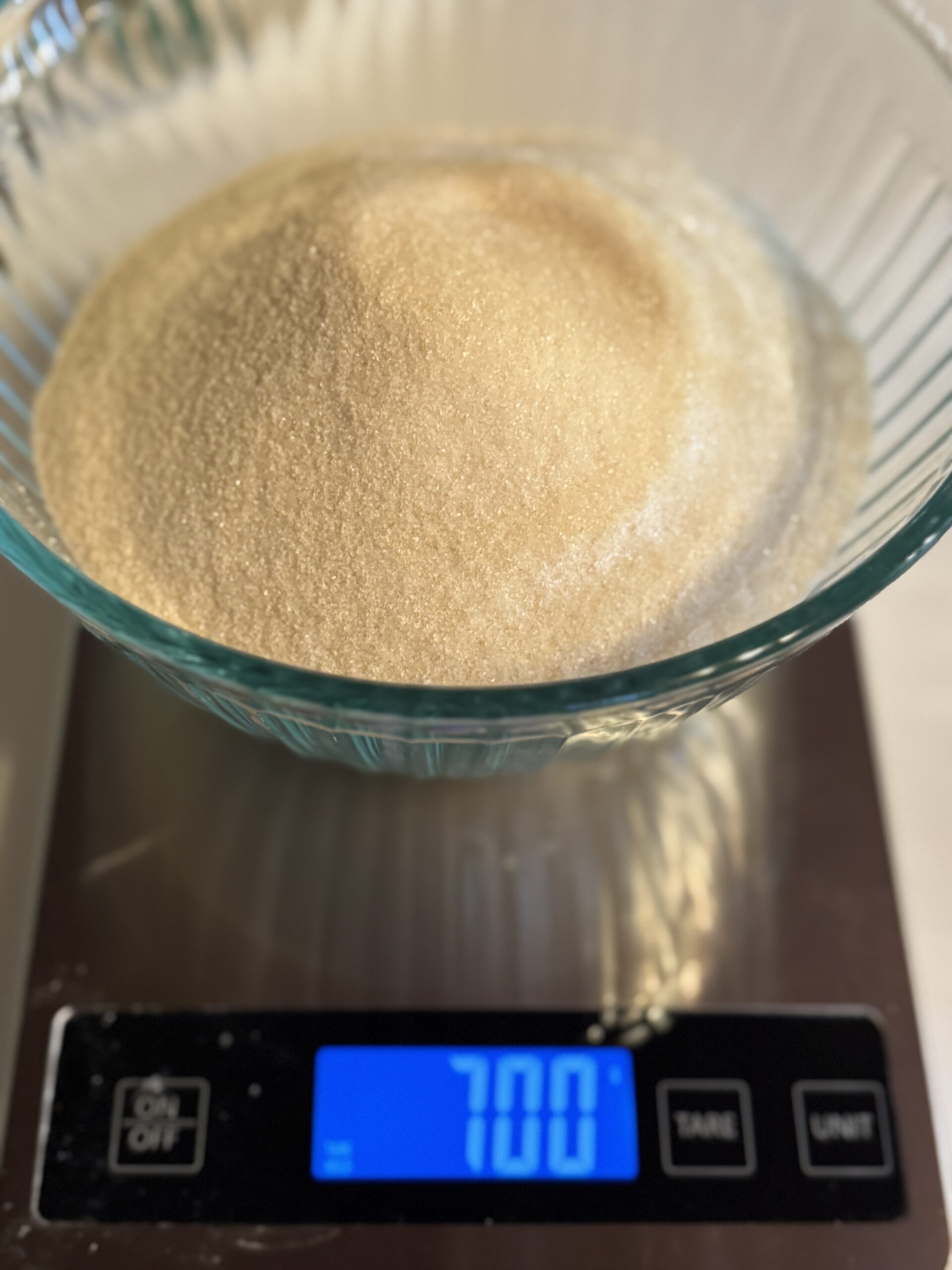 Measure 700 grams of organic unbleached granulated sugar